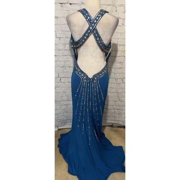 Vintage Niki Livas Women Formal Gown Size 12 Maxi Open Blue Evening Dress - Picture 6 of 13